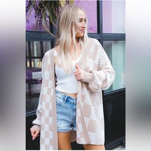 Check Me Checkerboard Cardigan, Latte Multi